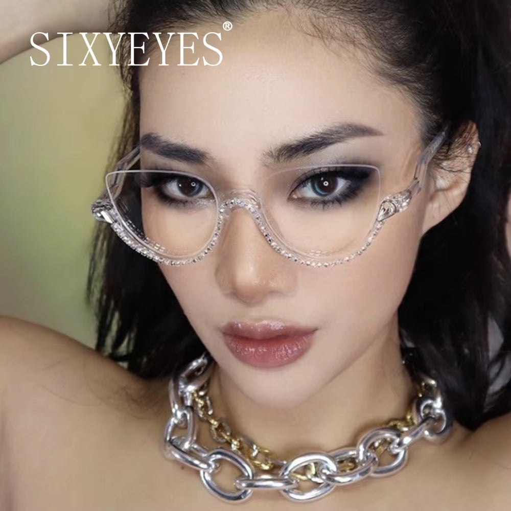 Diamond Cat Eye Sunglasses Women 2023 Semi-Rimless Sun Glasses Luxury Brand Designer Crystal Frame Rhinestone Eyewear Oculos