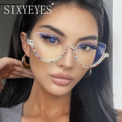 Diamond Cat Eye Sunglasses Women 2023 Semi-Rimless Sun Glasses Luxury Brand Designer Crystal Frame Rhinestone Eyewear Oculos